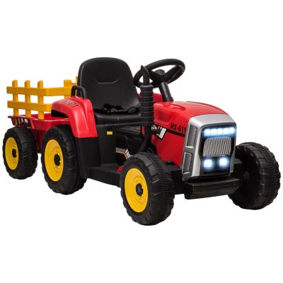 HOMCOM Tractor Electric pentru Copii cu Remorcă Detașabilă, Telecomandă și Lumini, pentru Copii 3-6 Ani, 136,5x50x52,5 cm, Roșu | Aosom Romania