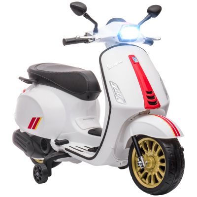 AIYAPLAY Motocicletă Electrică pentru Copii, Motocicletă cu Muzică, Două Motoare, Far, MP3, USB, Radio FM și 2 Roți de Antrenament, 107x47x73 cm, Alb | Aosom Romania