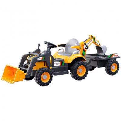 Tractoras electric pentru copii cu remorca, incarcator frontal si cupa spate, Kinderauto BRJ1588, 70W, 12V, galben